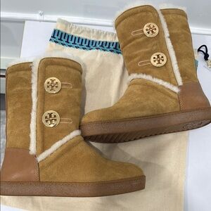 Tory Burch Tan Winter Boots with Gold Accents
